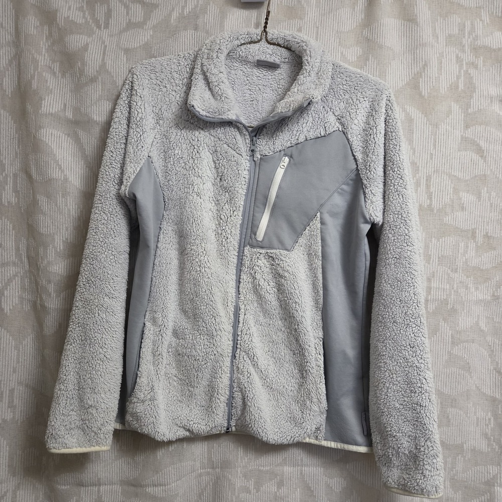 Columbia Womens L Plush Fuzzy Sherpa Gray White Jacket Cabincore Outdoor Cozy